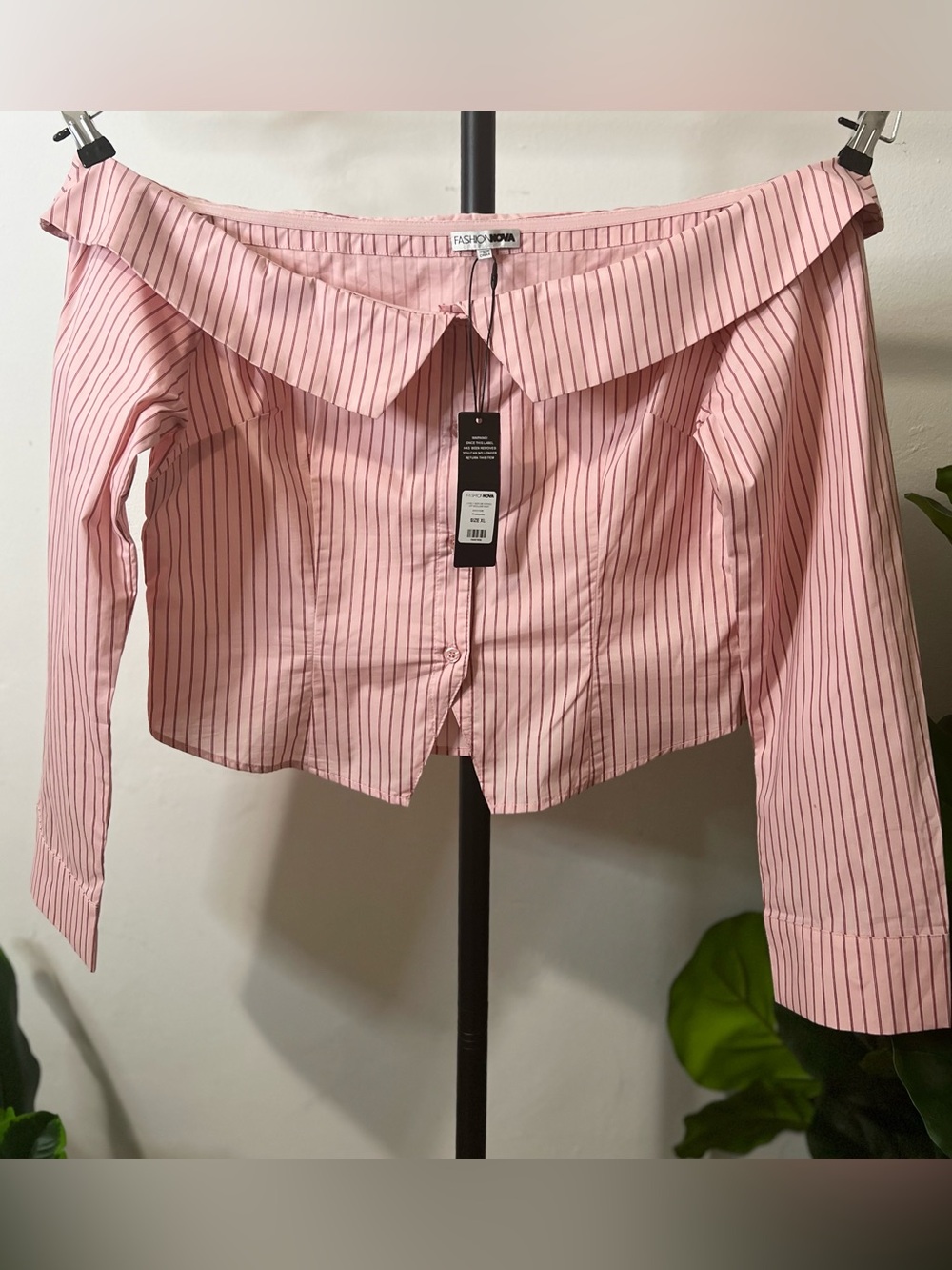 NWT Fashion Nova Pink Pinstripe Off Shoulder Button Top XL Cottagecore Chic